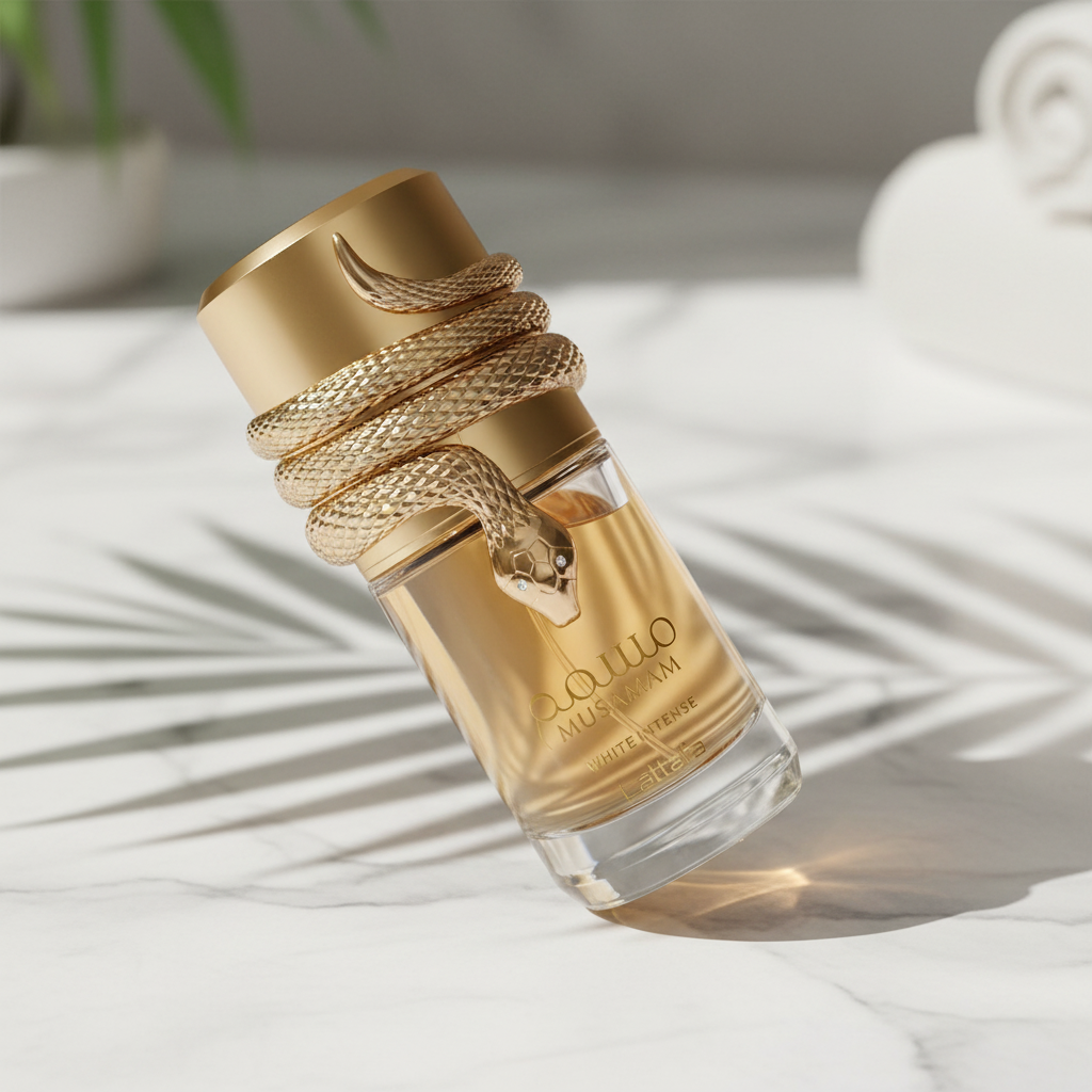 Musamam White Intense em mármore branco com sombra de folha tropical