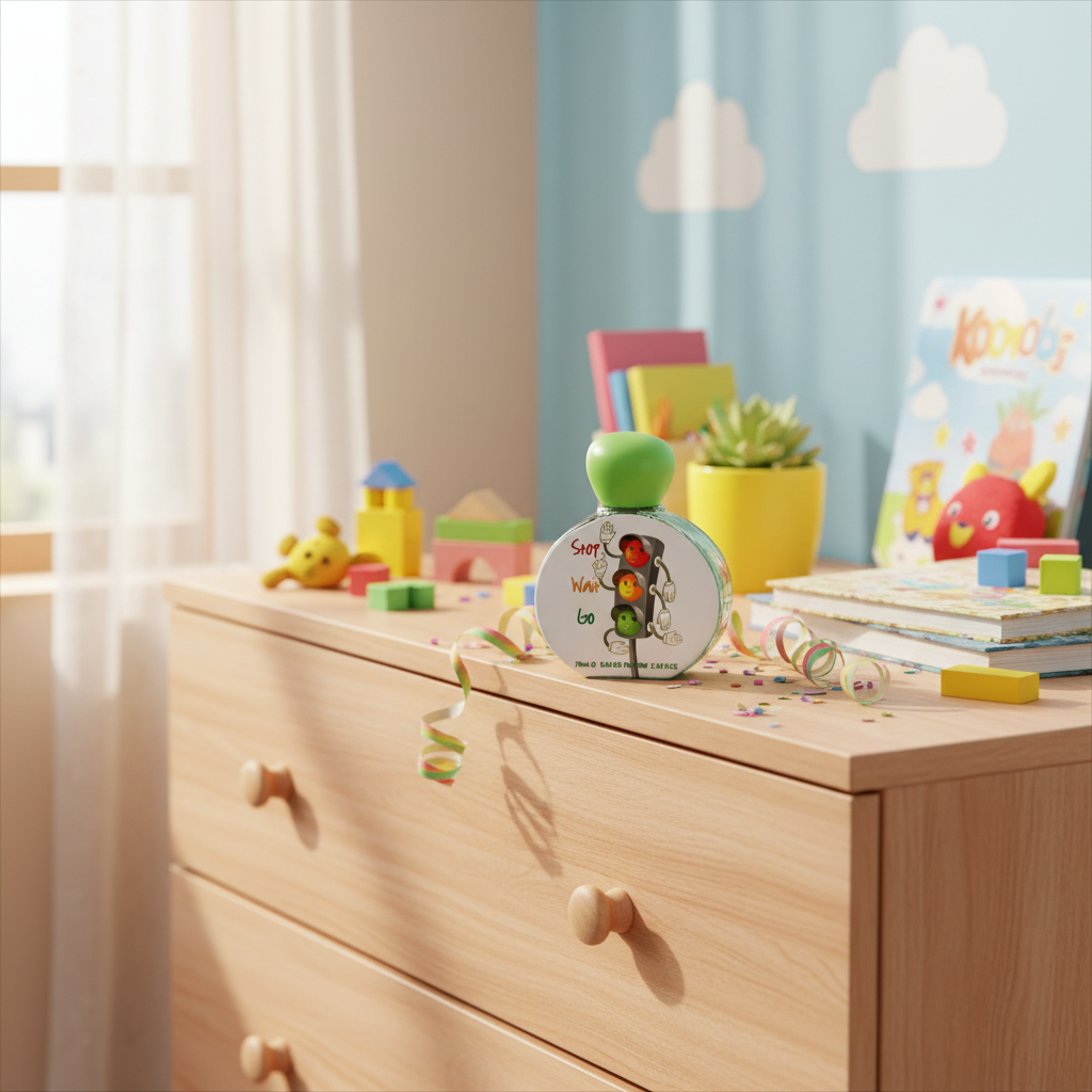Perfume em cômoda de quarto infantil