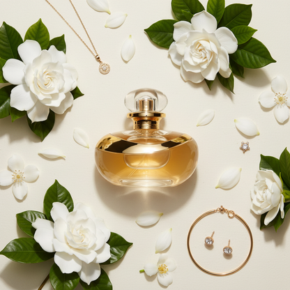 Composição flat lay com Lily Eau de Parfum e flores