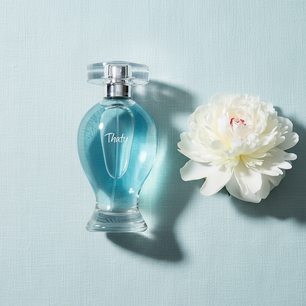 Thaty Eau de Toilette 100ml O Boticário - flat lay com peônia