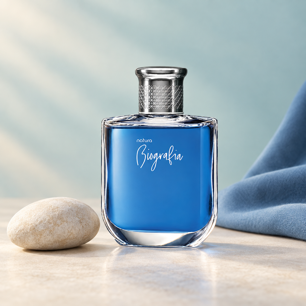 Natura Biografia Masculino Deo Colônia 100ml, ambientação minimalista com pedra e tecido azul