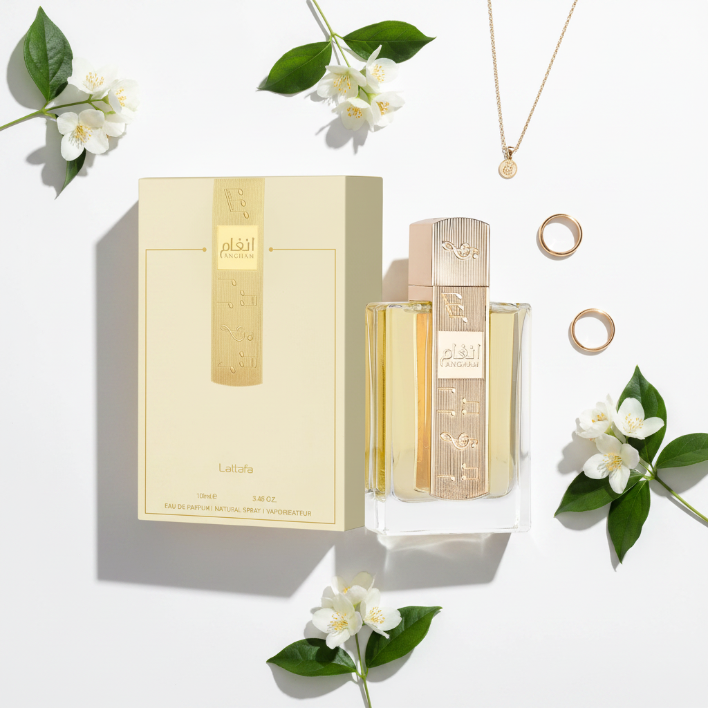 Lattafa Angham Eau de Parfum 100ml - flat lay joias e jasmim