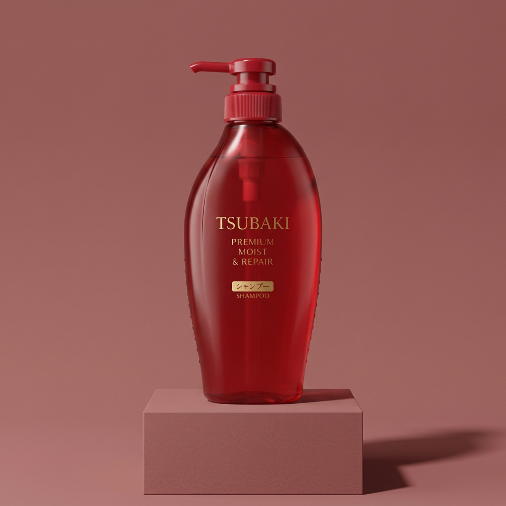 Shampoo TSUBAKI sobre base geométrica em cenário rosa queimado