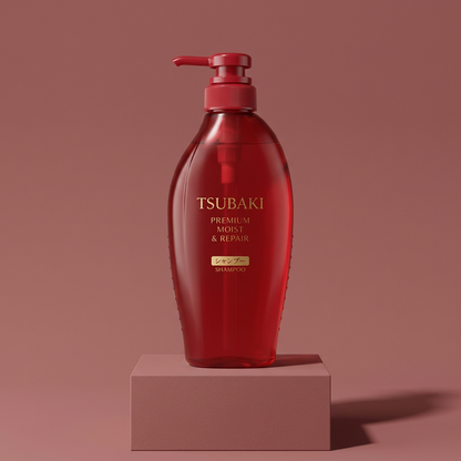 Shampoo TSUBAKI sobre base geométrica em cenário rosa queimado