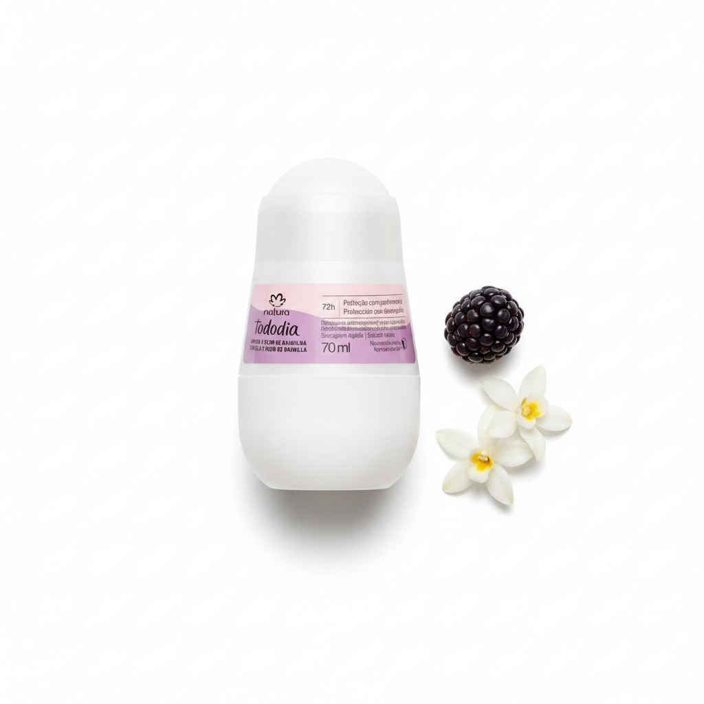 Natura Tododia Desodorante Antitranspirante Amora e Flor de Baunilha 70ml - Flat Lay Minimalista