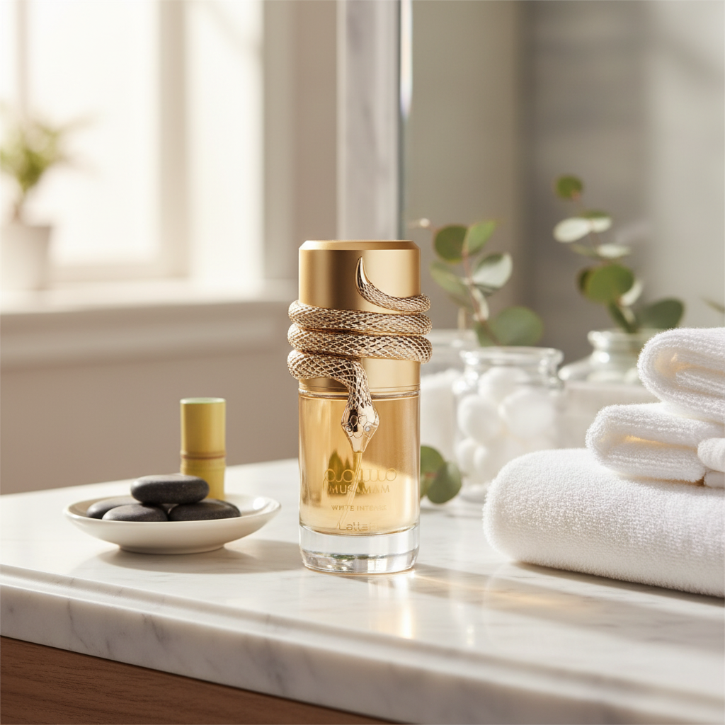 Lifestyle Musamam White Intense em spa luxo com toalhas brancas