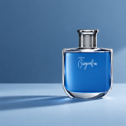 Natura Biografia Masculino Deo Colônia 100ml, com luz lateral e sombra alongada em fundo azul-aço