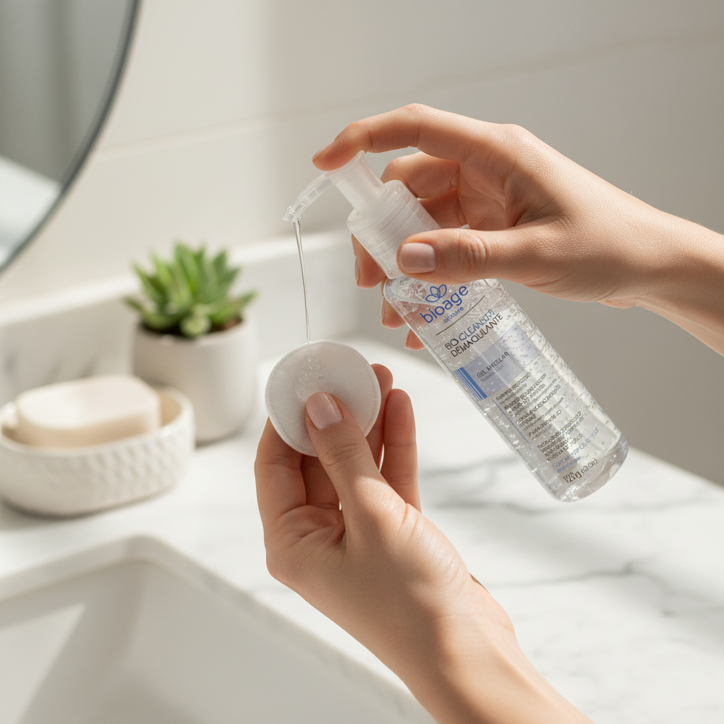 Aplicação do Demaquilante Gel Micelar Bioage com algodão