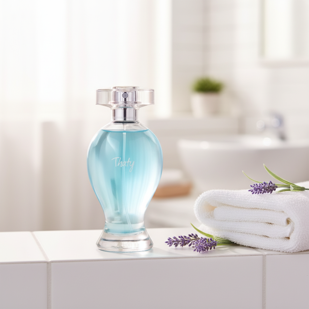 Thaty Eau de Toilette 100ml O Boticário - prateleira banheiro com lavanda
