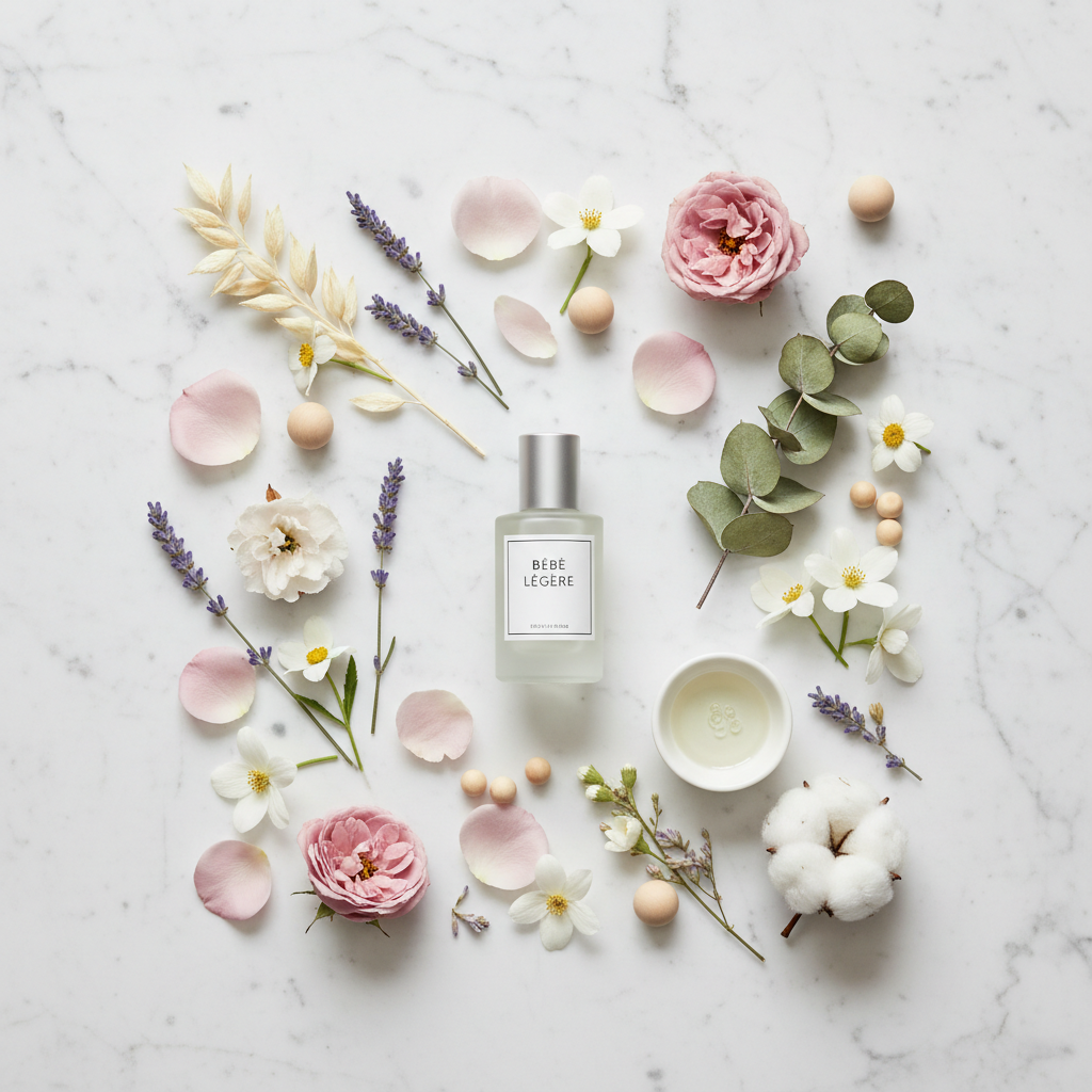 Ingrédients délicats pour parfum bébé - Composition flat lay