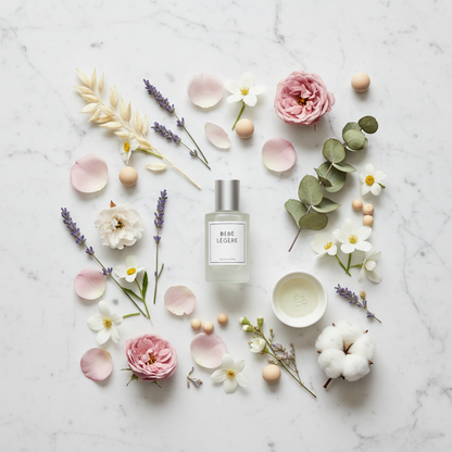 Ingrédients délicats pour parfum bébé - Composition flat lay