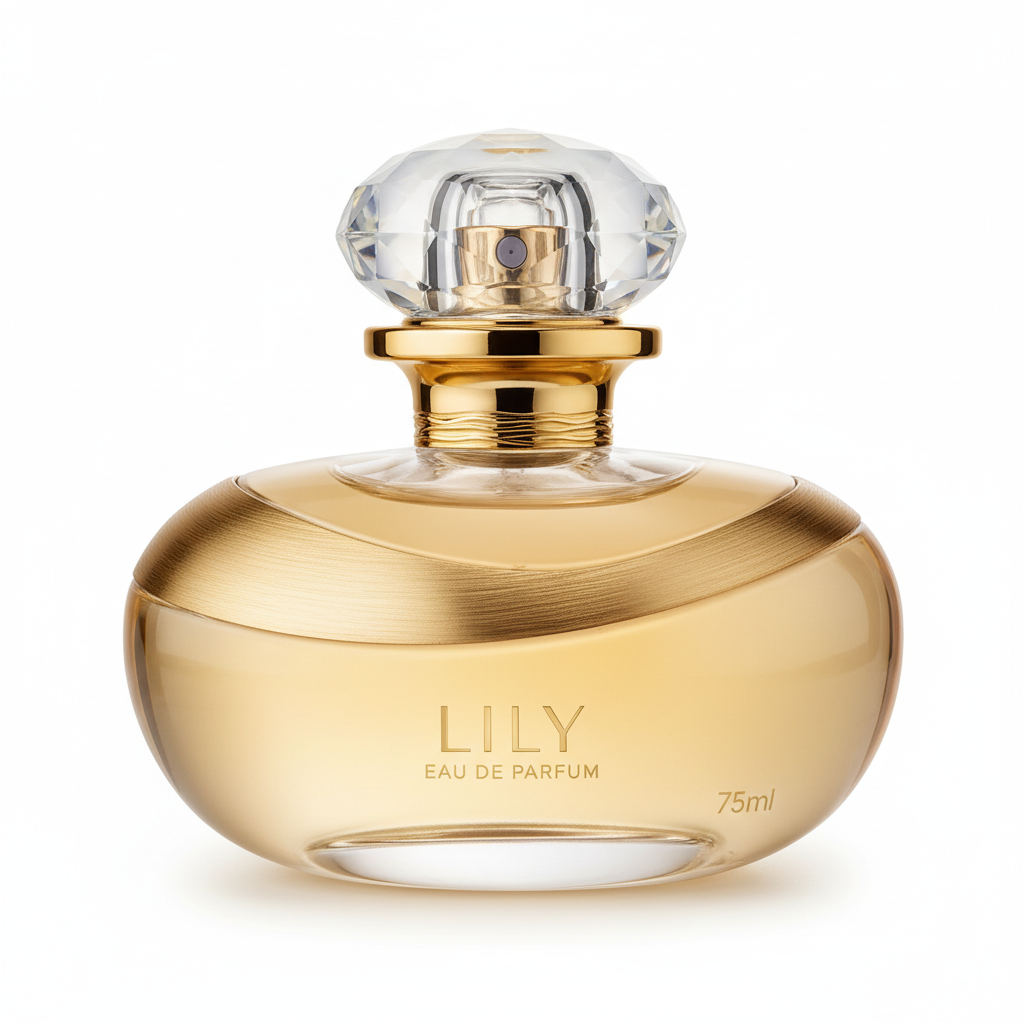 Lily Eau de Parfum, 75ml - Frasco dourado sobre fundo branco
