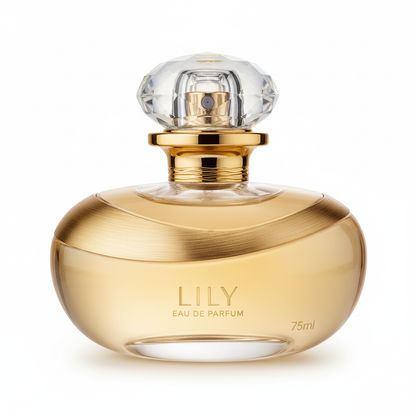 Lily Eau de Parfum, 75ml - Frasco dourado sobre fundo branco