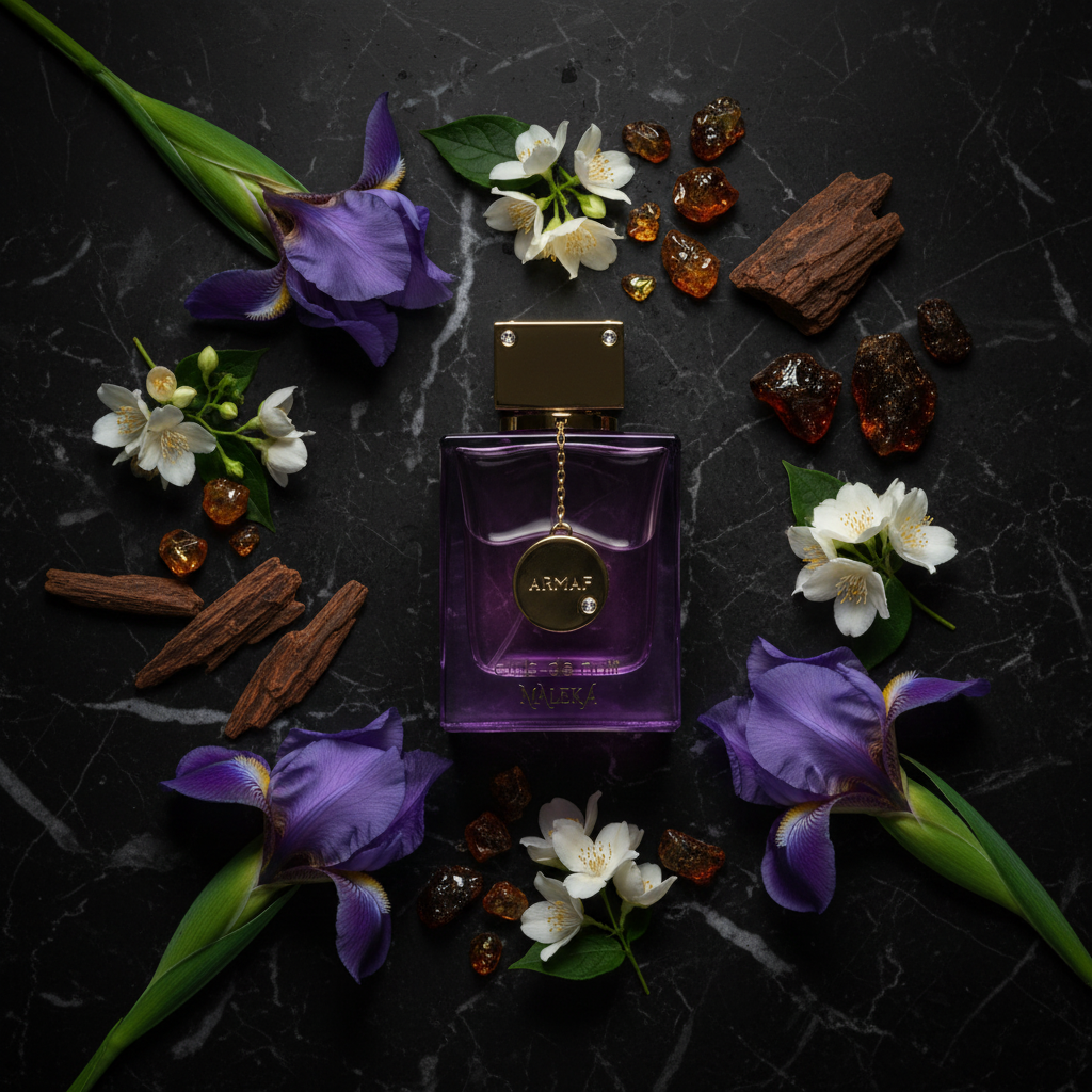 Armaf Club De Nuit Maleka EDP 105ml - ingredientes flat lay