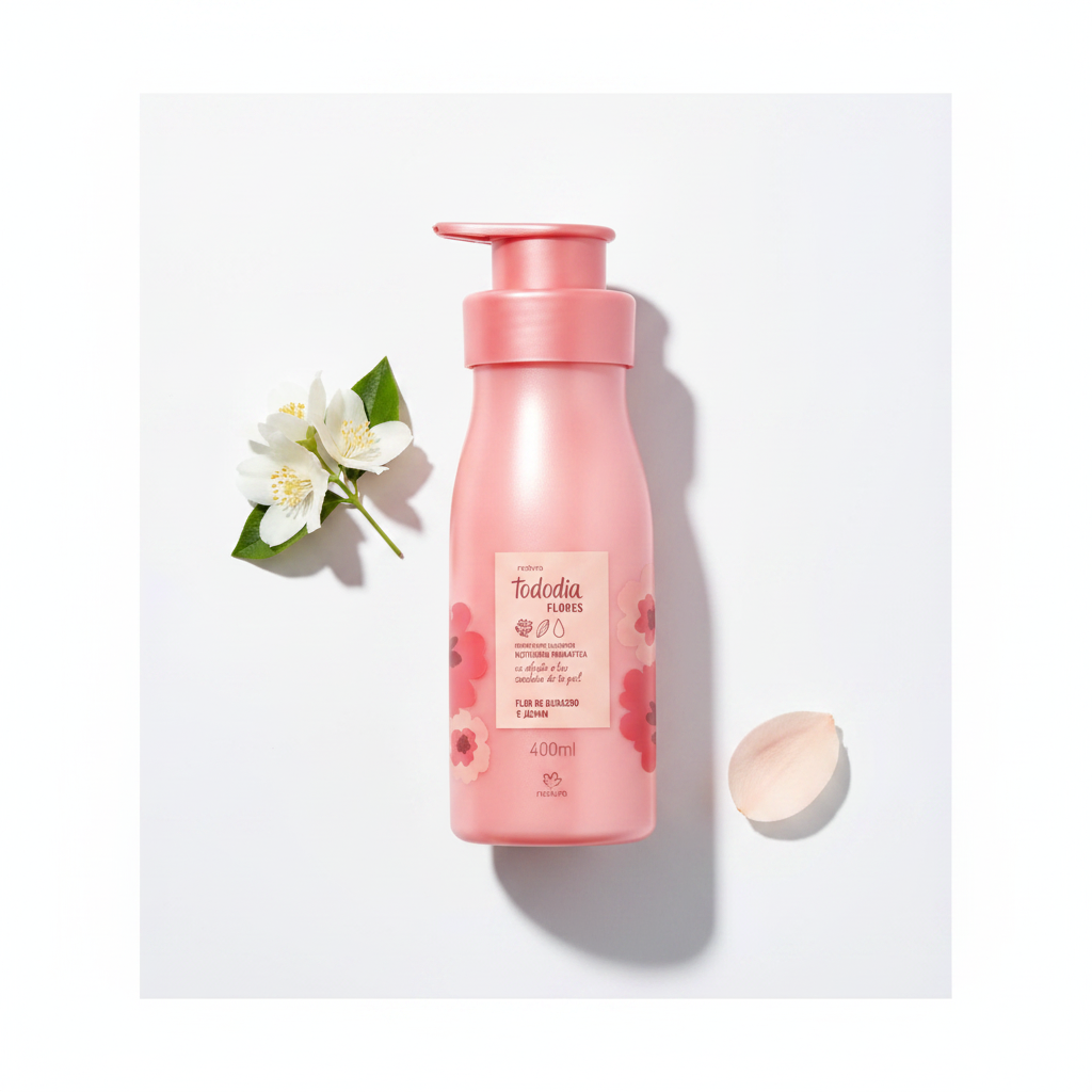 Natura TodoDia Flores Creme Hidratante Flor de Pêssego e Jasmin 400ml – Flat Lay Floral