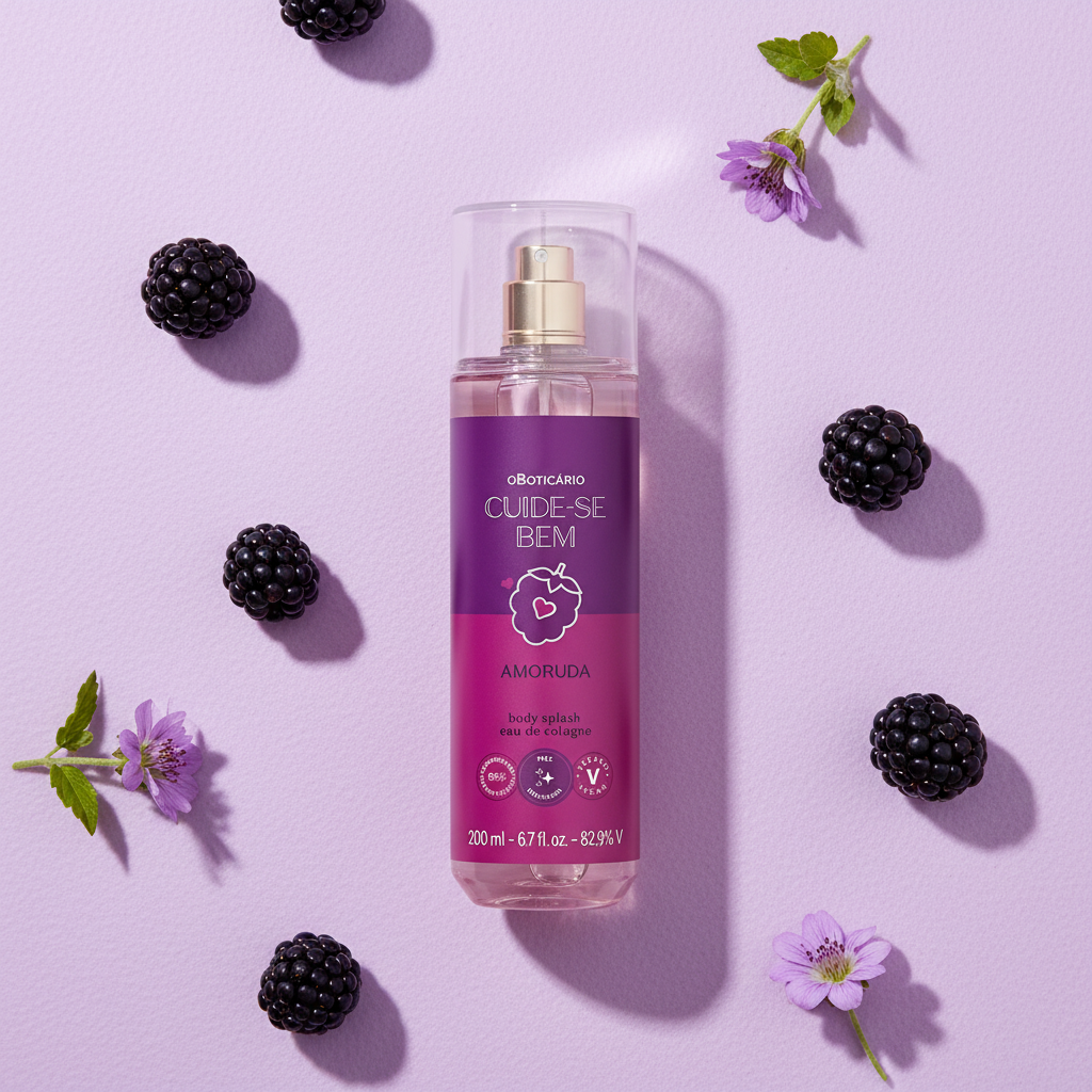 Body Splash Cuide-se Bem Amoruda - flat lay com amoras e flores