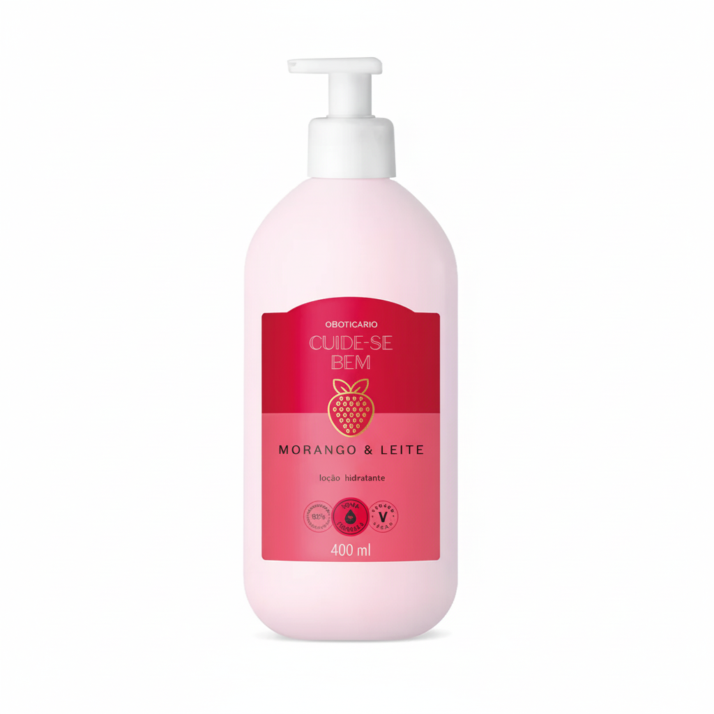 Lotion Hydratante Cuide-se Bem Fraise et Lait - Detalhe do Frasco