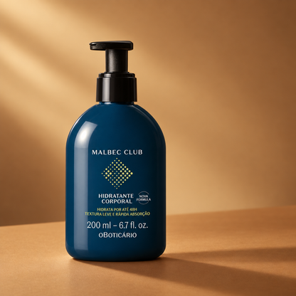 Hidratante Corporal Malbec Club 200ml — O Boticário com iluminação lateral e sombra alongada em fundo caramelado