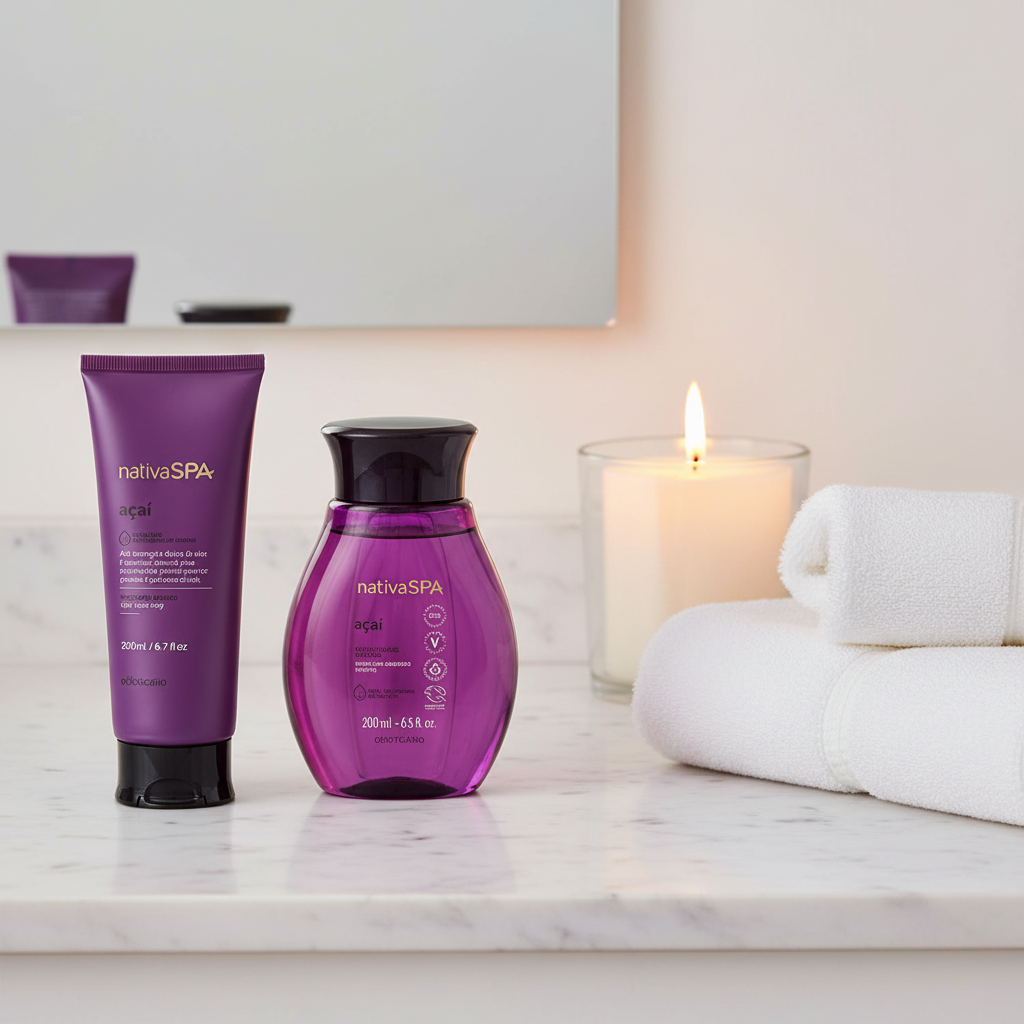Kit Nativa SPA Açaí em ambiente spa com mármore branco