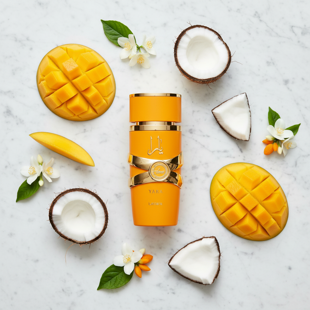 Lattafa Yara Tous - Flat lay avec ingrédients tropicaux