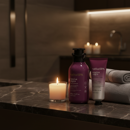 Kit Nativa SPA Ameixa Negra em ambiente spa noturno sofisticado