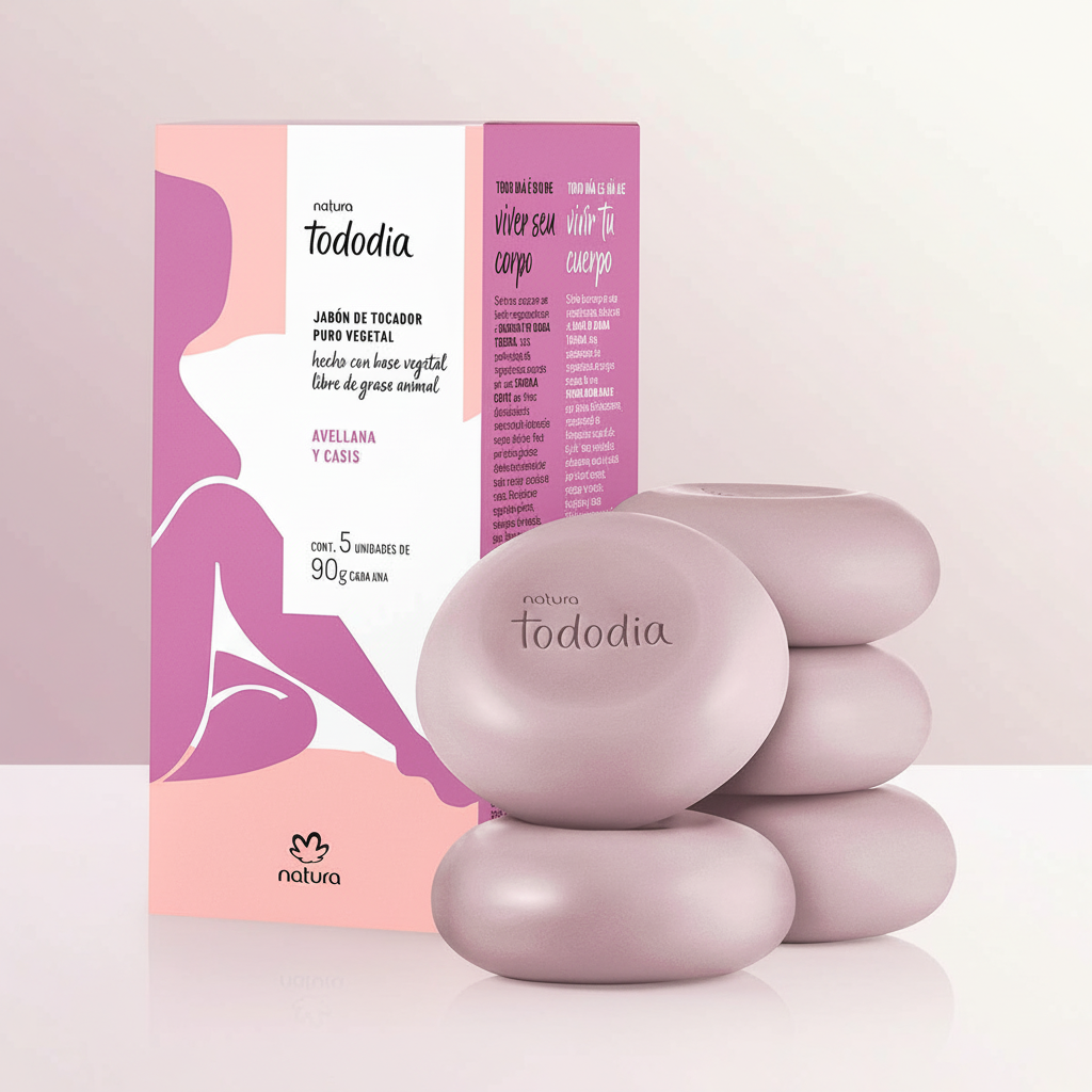 Kit de sabonetes Natura Tododia Avellana y Casis em composição minimalista sobre fundo rosa e lilás