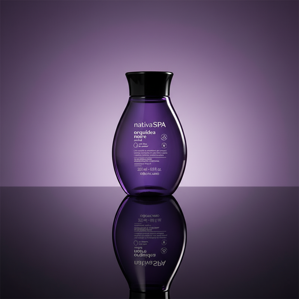 Óleo Corporal Nativa SPA Orquídea Noire - composição editorial com reflexo