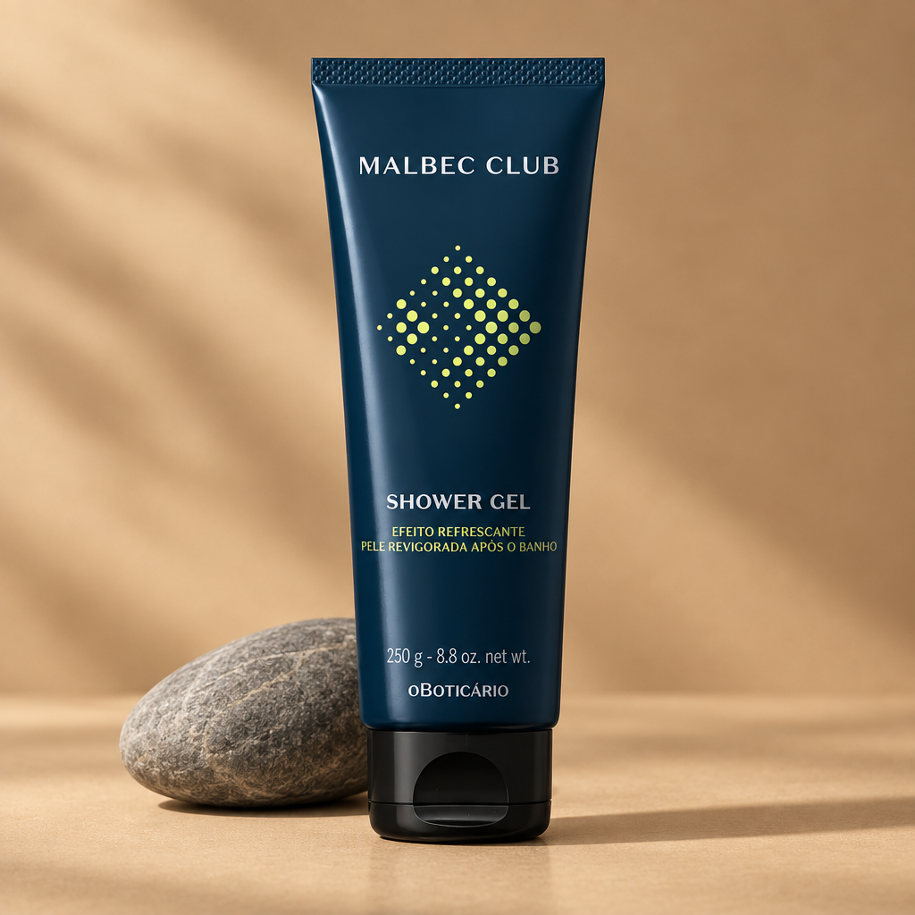 Shower Gel Malbec Club em cenário minimalista com pedra cinza e fundo bege dourado