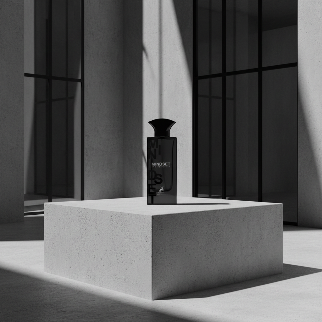 Mindset em pedestal concreto com sombras geométricas