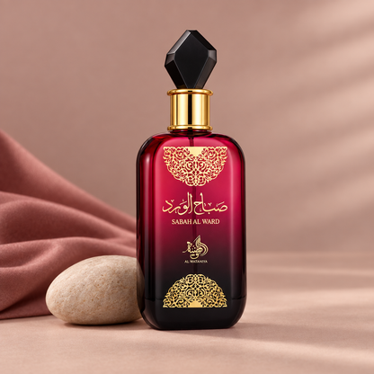 Al Wataniah Sabah Al Ward Eau de Parfum Feminino, ambientação minimalista com pedra e tecido rosa
