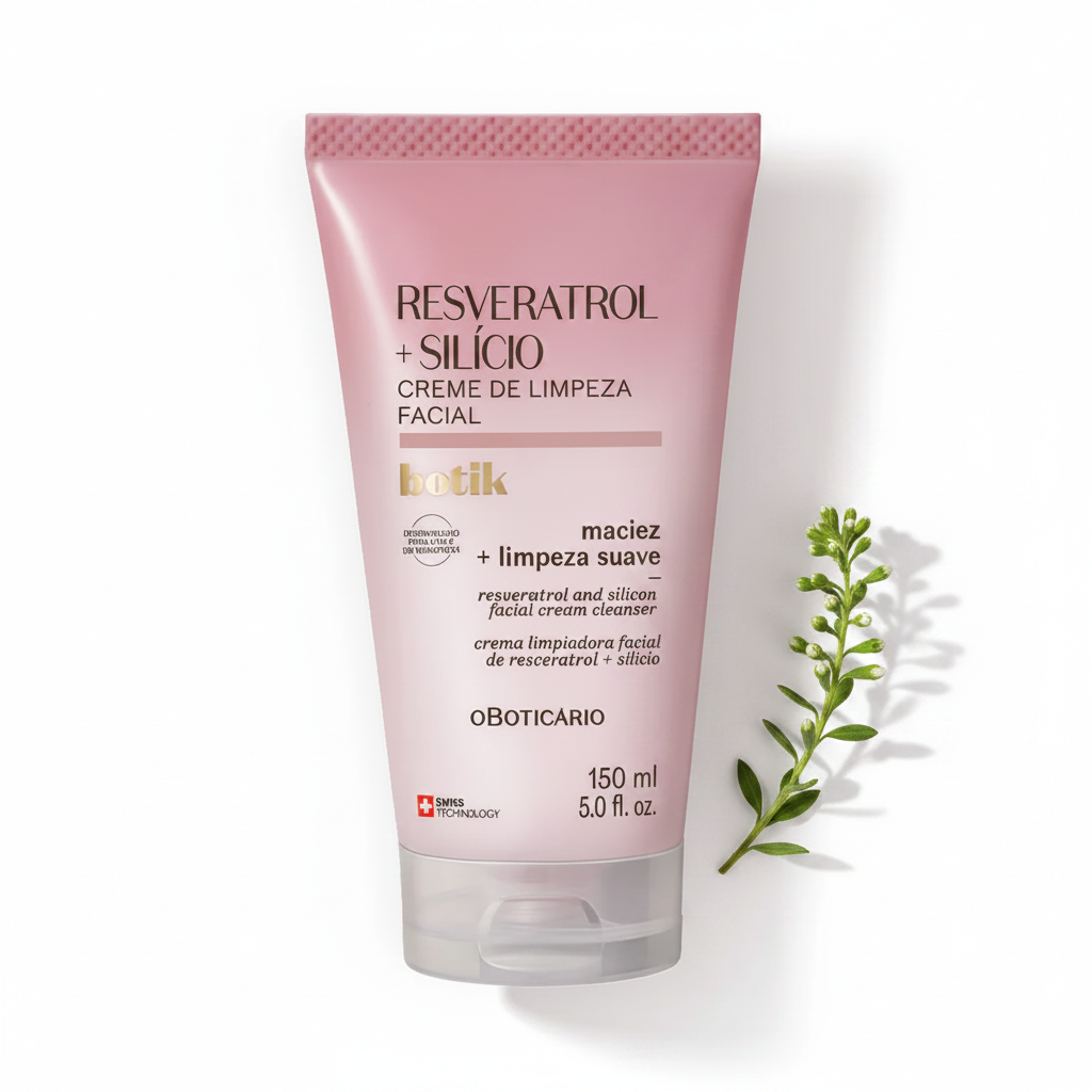 Creme de Limpeza Facial Botik Resveratrol + Silício 150ml - flat lay botânico