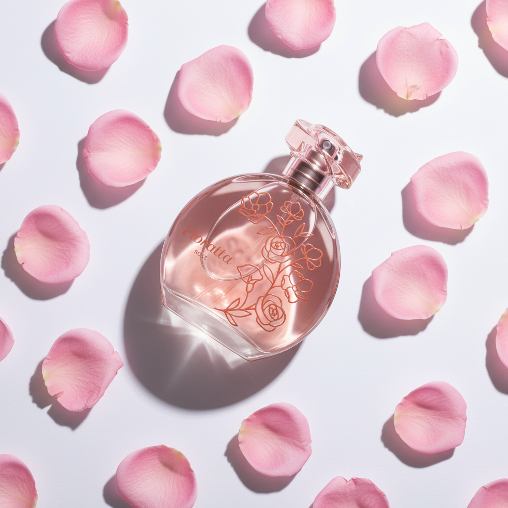 Floratta Rose Eau de Toilette 75ml flat lay pétalas de rosa