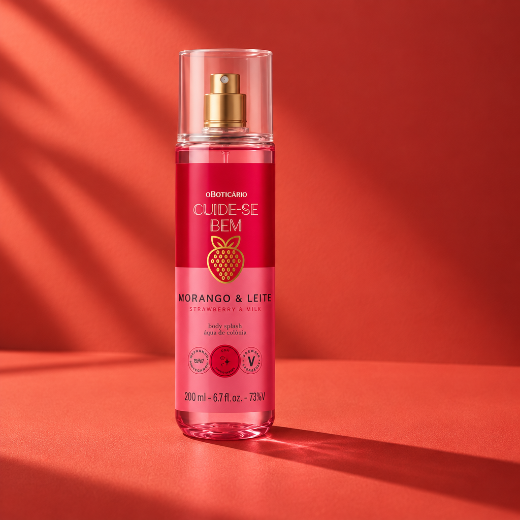 Body Splash Cuide-se Bem Morango & Leite 200 ml com iluminação lateral e sombra alongada