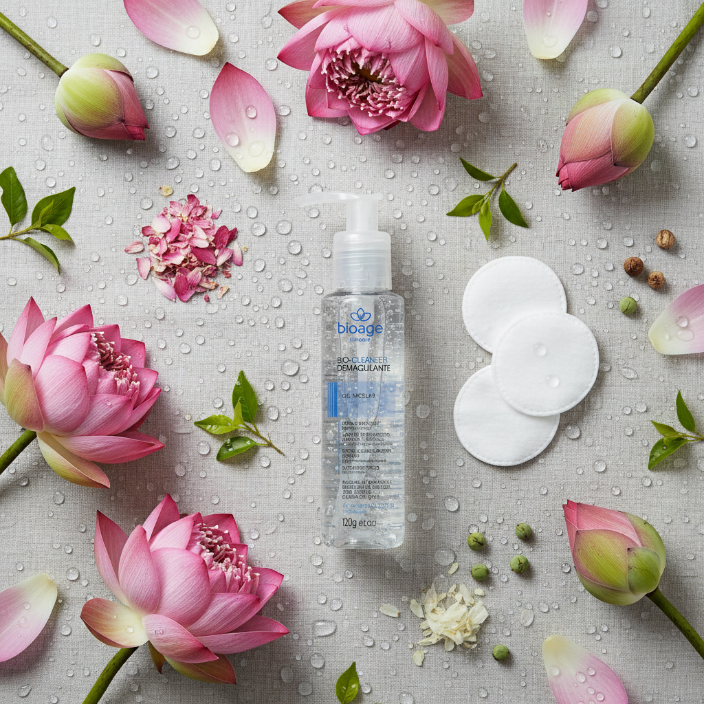 Flat lay Demaquilante Gel Micelar Bioage com ingredientes naturais
