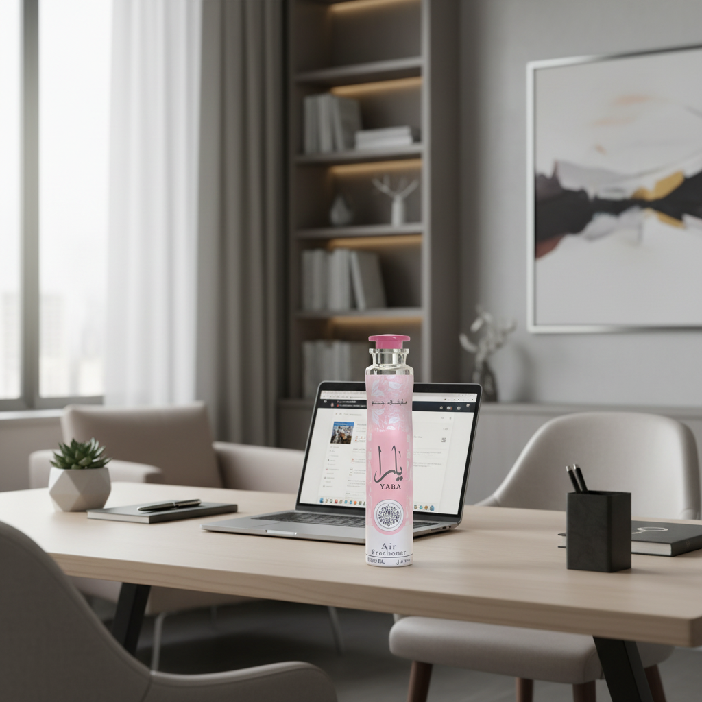 Lattafa Yara Air Freshener em ambiente de escritório profissional