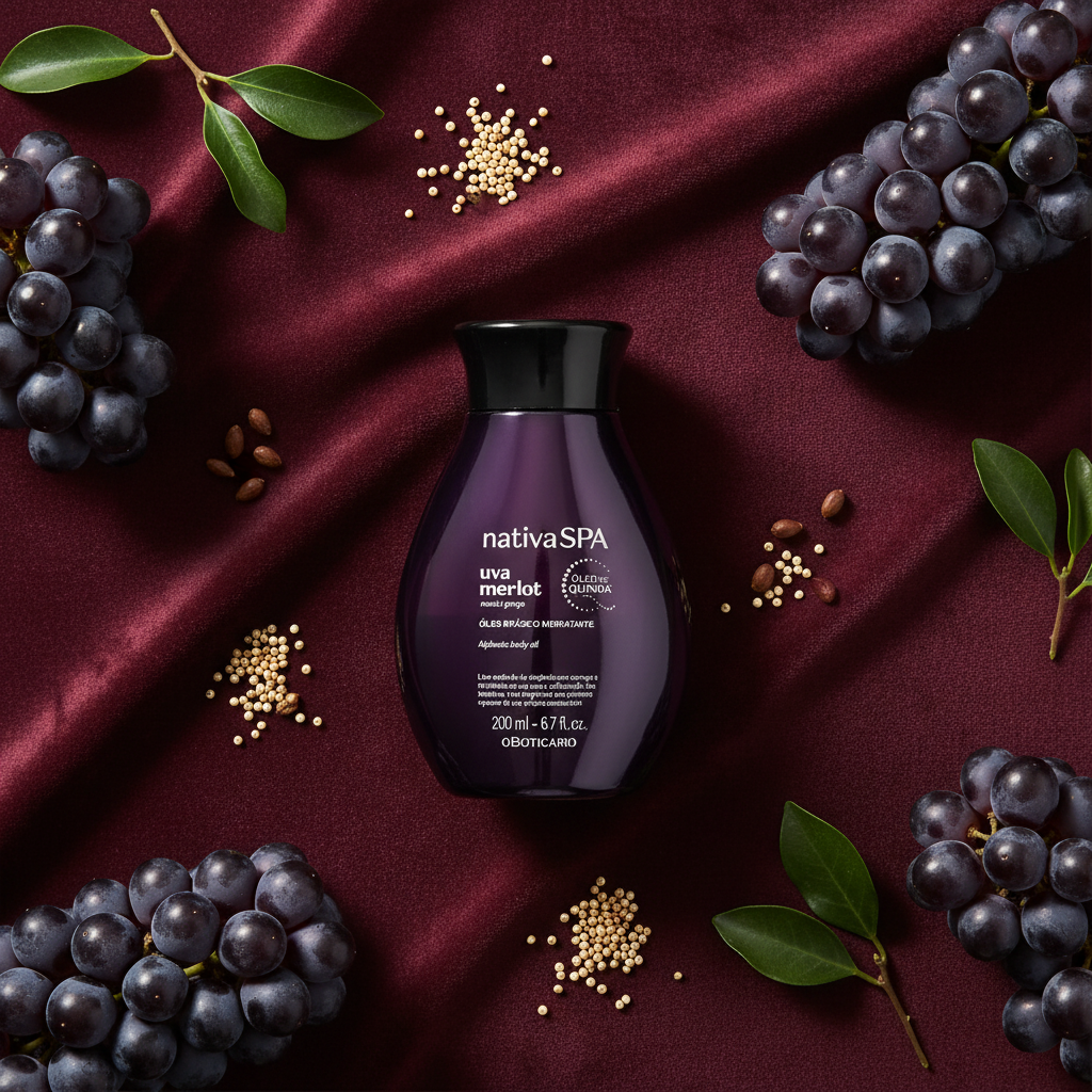 Huile Nativa Spa Uva Merlot – flat lay ingrédients naturels