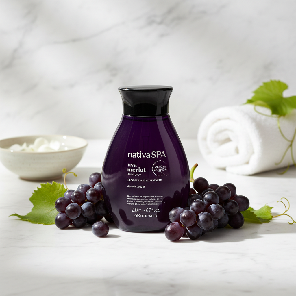 Huile Nativa Spa Uva Merlot – ambiance spa marbre et raisins