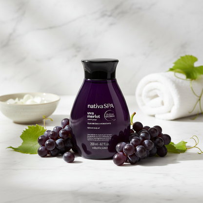 Huile Nativa Spa Uva Merlot – ambiance spa marbre et raisins