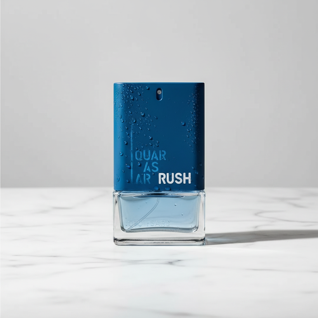 Quasar Rush Eau de Toilette 100ml sobre mármore branco