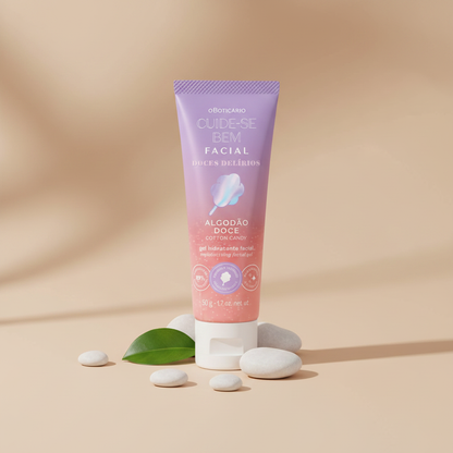 Gel Hidratante Facial Cuide-se Bem Doces Delírios - superfície bege com pedras e folha