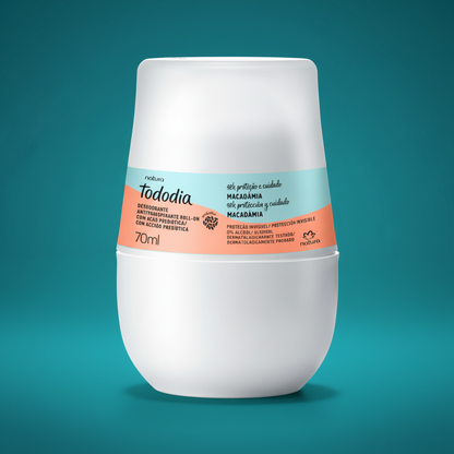 Detalhe premium do rótulo e da embalagem do Desodorante Antitranspirante Roll-on Tododia Macadâmia 70 ml