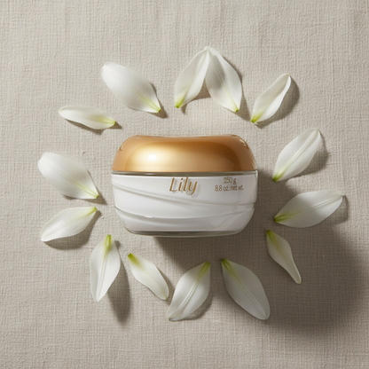 Lily cream top view with lily petals