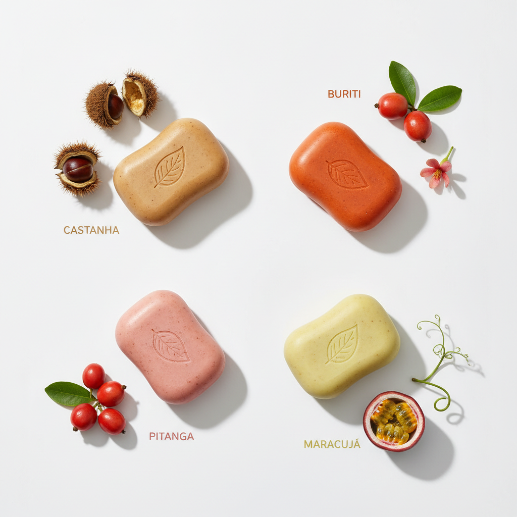 Kit Sabonetes Esfoliantes EKOS Sortidos Natura - flat lay ingredientes amazônicos
