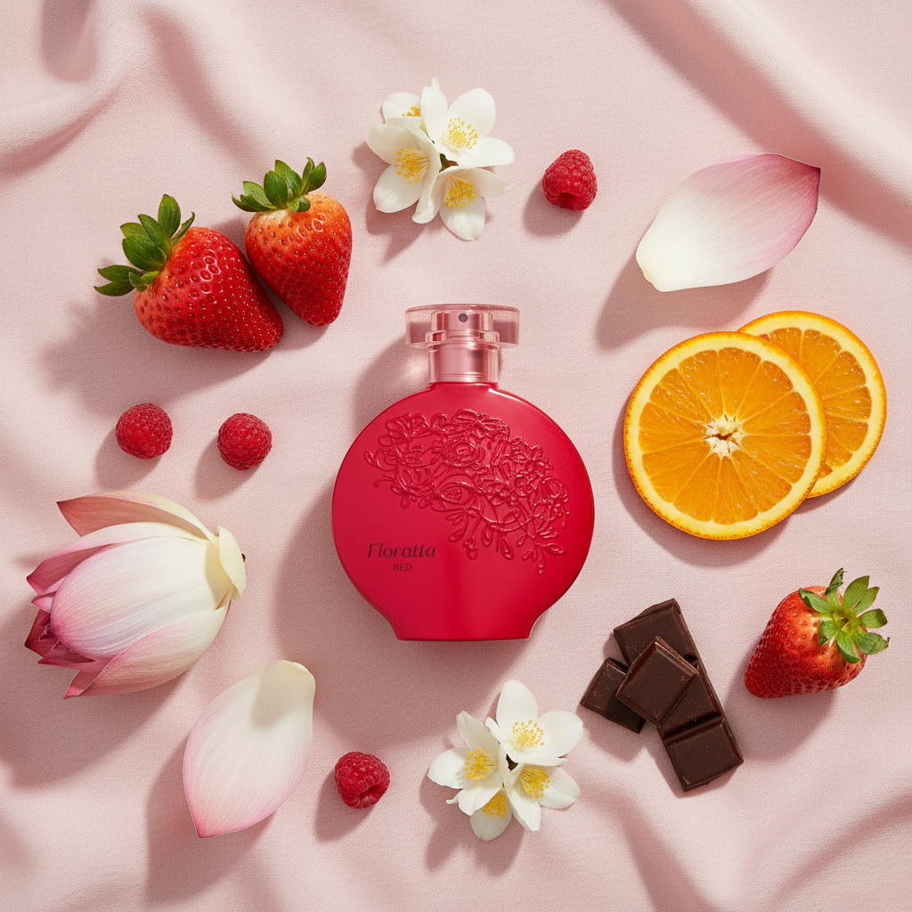 Composition flat lay avec fruits rouges, jasmin et chocolat noir