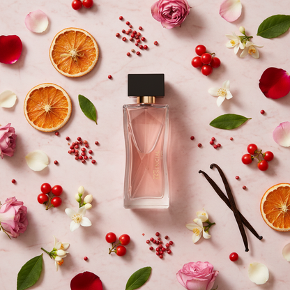 Essencial Elixir Féminin - Ingrédients naturels flat lay