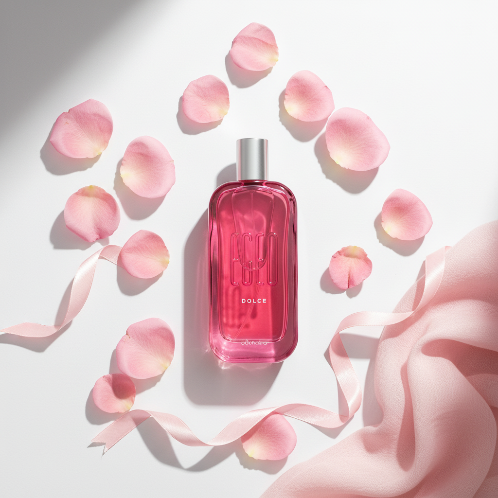 Egeo Dolce O Boticário – flat lay pétalas de rosa