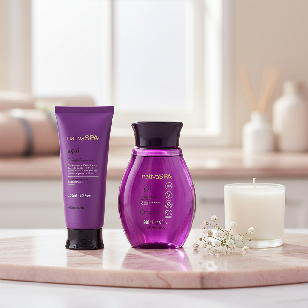 Kit Nativa SPA Açaí sobre mármore rosa elegante