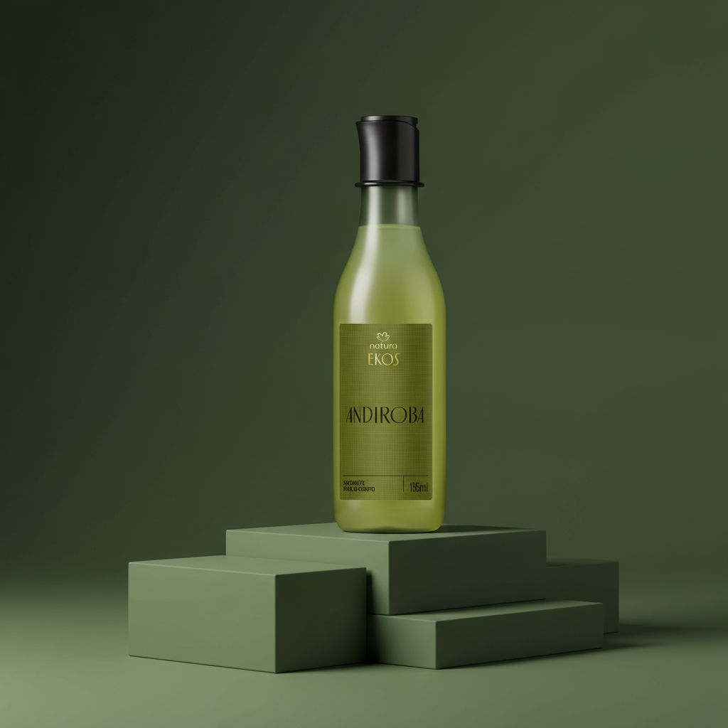 Sabonete Líquido Corporal Natura Ekos Andiroba 195 ml em composição arquitetônica com base geométrica