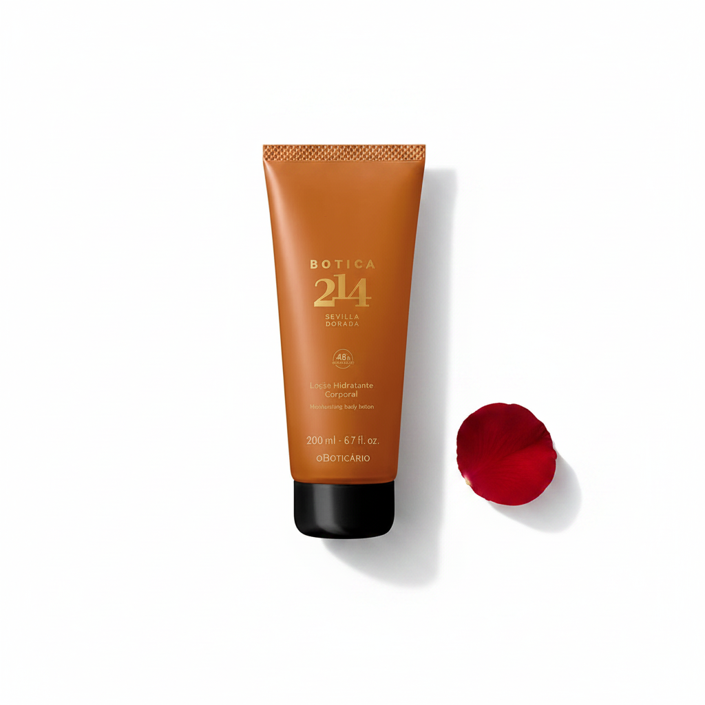 Loção Hidratante Corporal Botica 214 Sevilla Dorada 200ml - flat lay pétala rosa