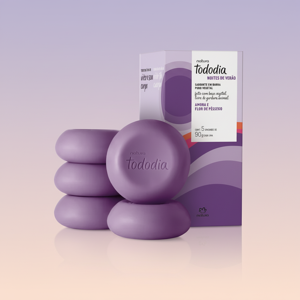 Kit de sabonetes Natura Tododia Amora e Flor de Pêssego em composição premium sobre fundo lavanda